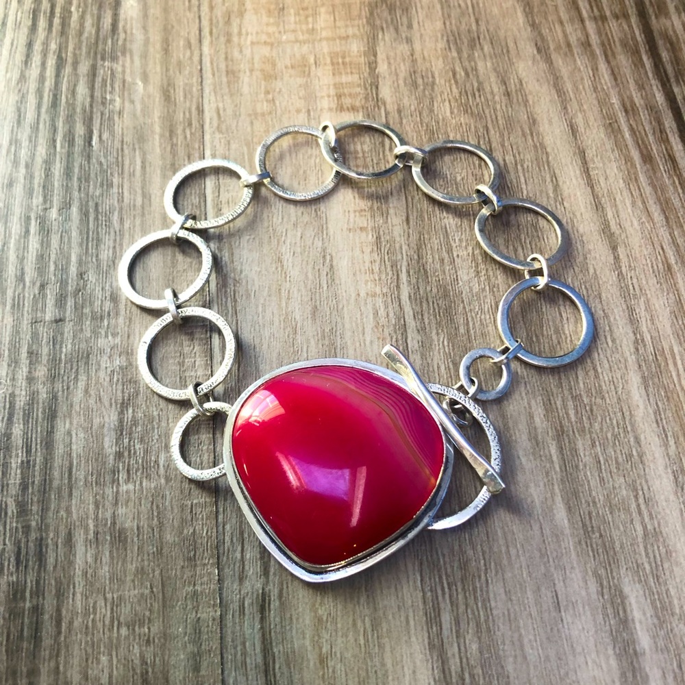 Hot Pink Botswana Agate Sterling Silver Toggle Bracelet